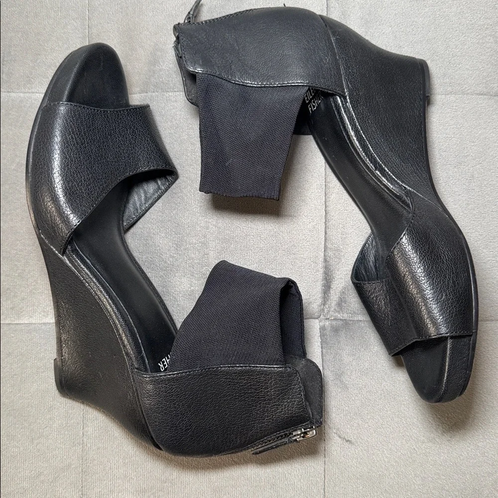 Eileen Fisher Corona Mid-Wedge Black LeatherSandals Size 6.5 NWOT